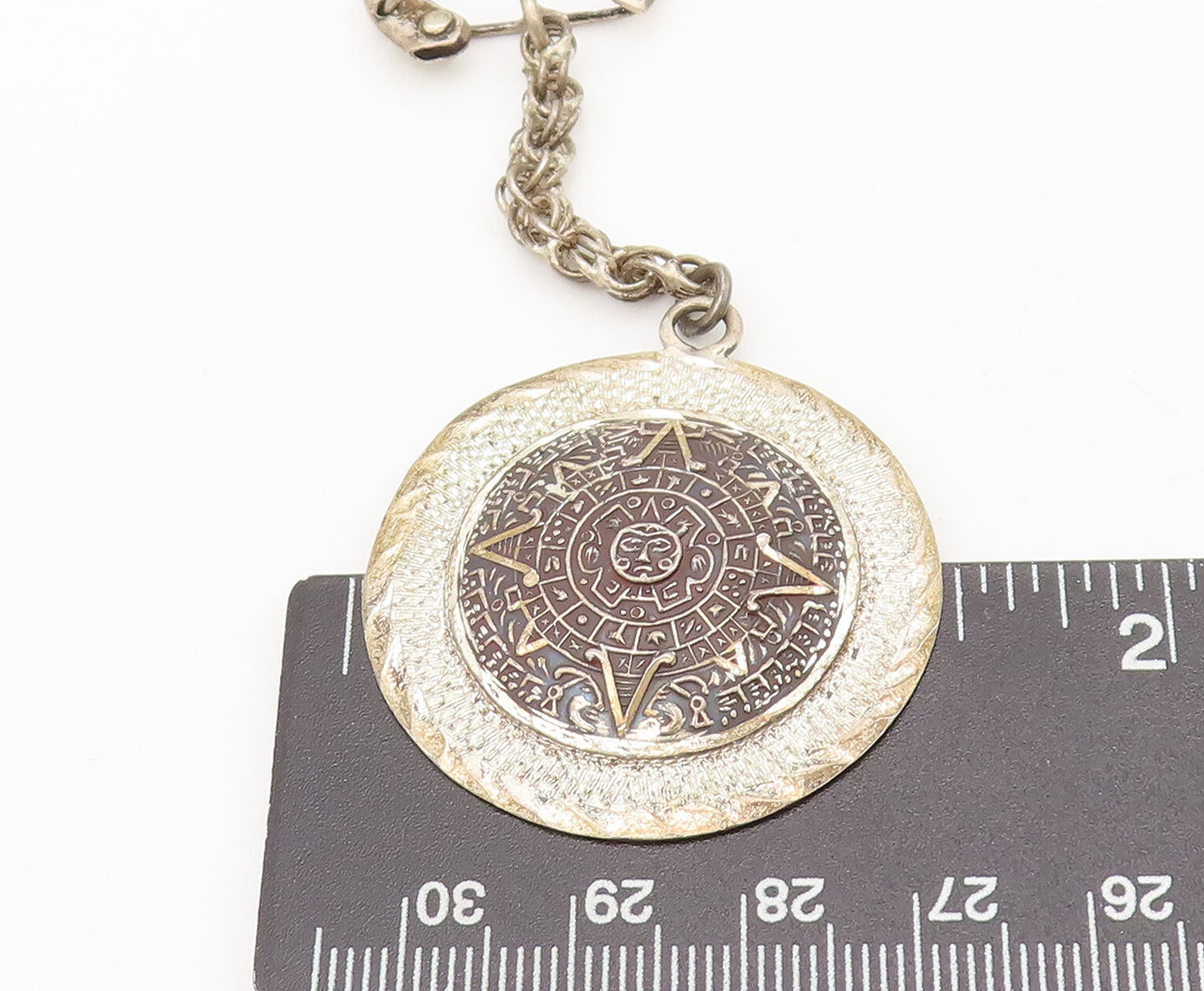 MEXICO 925 Silver  Vintage Aztec Round Carved Sun Calendar Keychain  TR3664