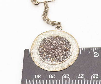 MEXICO 925 Silver  Vintage Aztec Round Carved Sun Calendar Keychain  TR3664