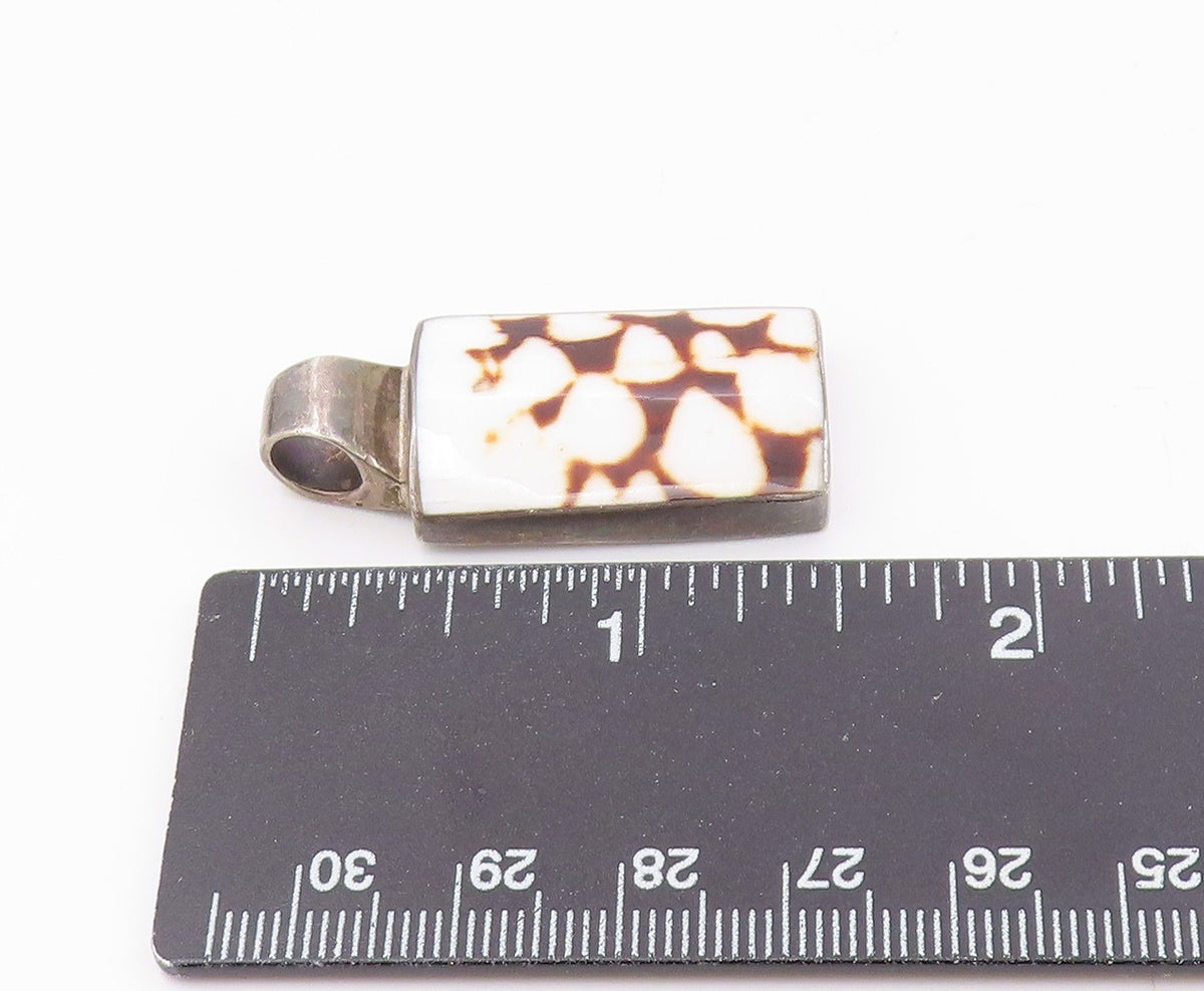 925 Sterling Silver Vintage Rectangle Shell Cunos Brown Stains Pendant PT21171