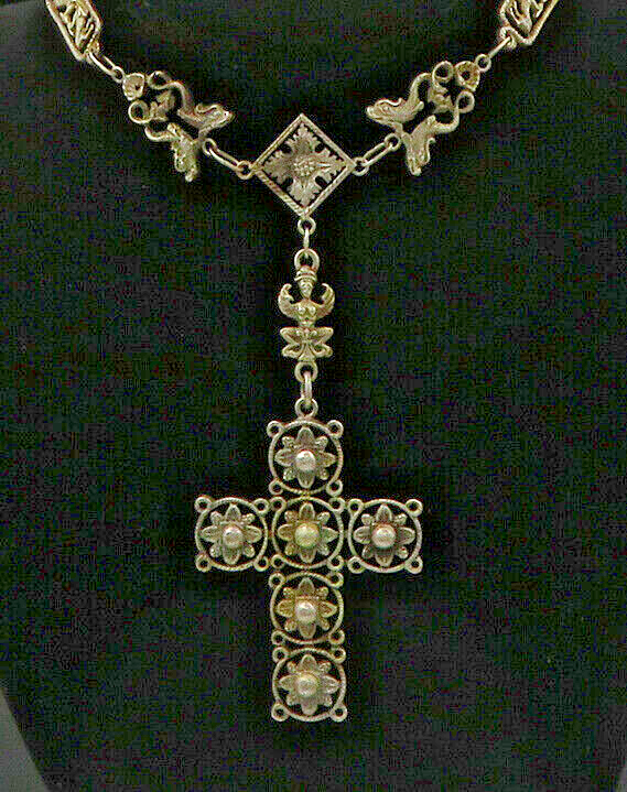 800 Silver Vintage Antique Heavy Religious Cross Chain Necklace  NE3589