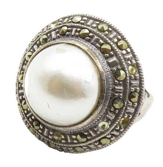925 Sterling Silver  Vintage Pearl & Marcasite Cocktail Ring Sz 8.5  RG12977
