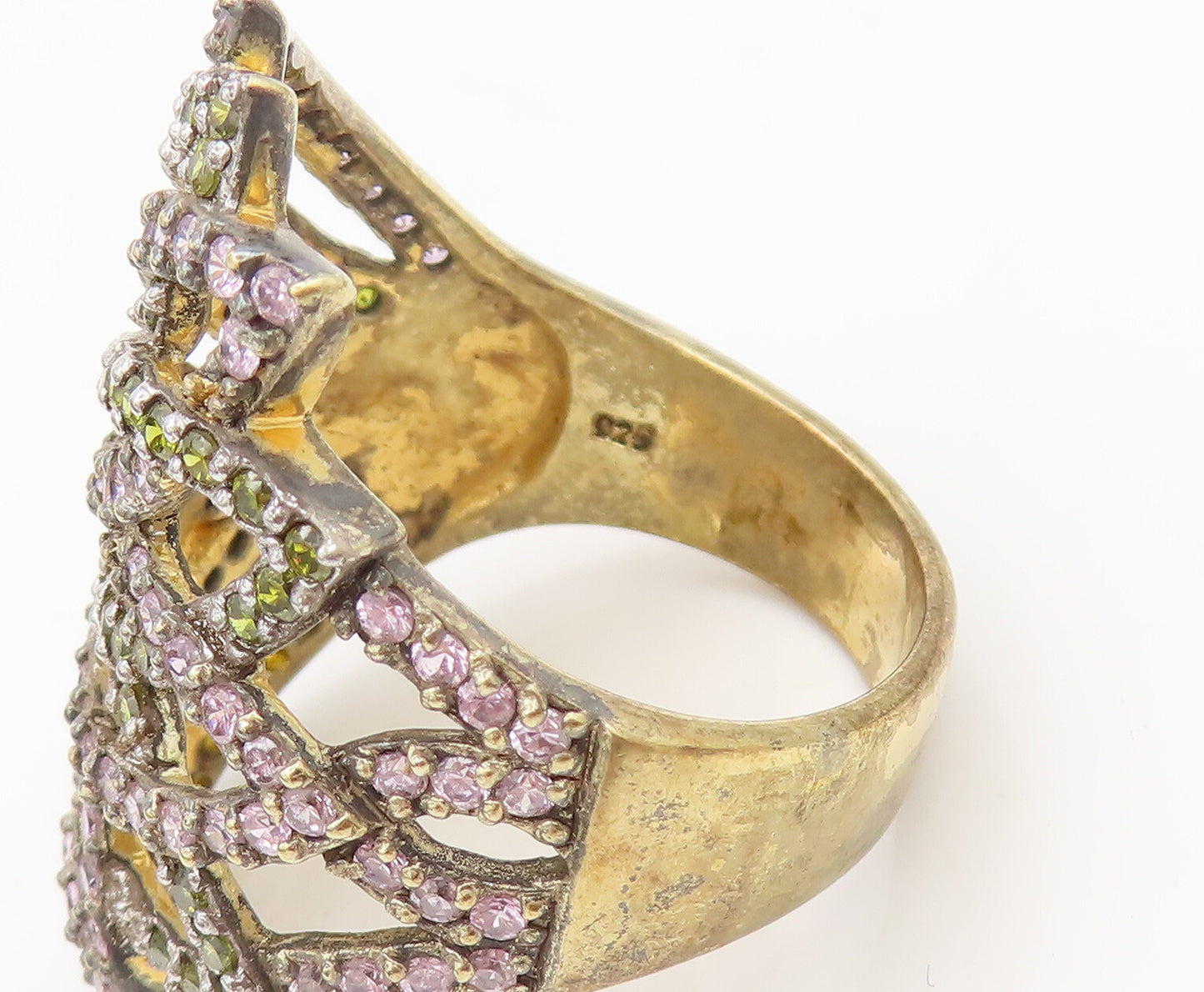 SETA 925 Silver  Vintage Cutout Pink & Yellow CZ Flower Ring Sz 11  RG27074