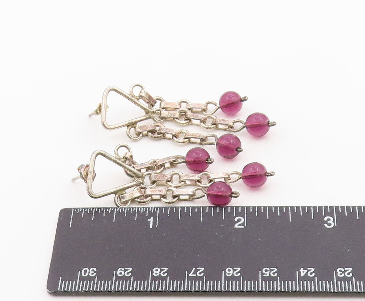 925 Sterling Silver Vintage Earrings Amethyst Bead Geometric Chandelier  EG14440