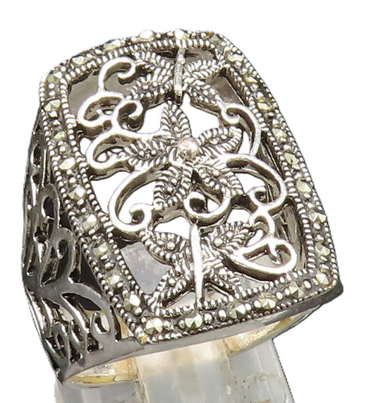 925 Silver  Vintage Marcasite Butterfly & Flower Swirl Ring Sz 7  RG24580