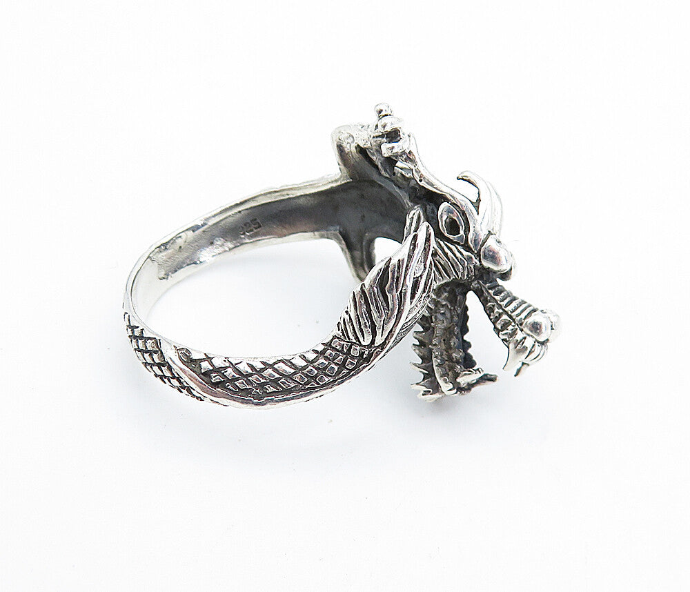 925 Sterling Silver  Vintage Dragon Head & Tail Motif Band Ring Sz 8.5  RG7334
