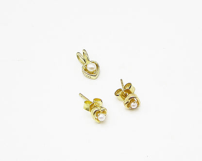 Gold Over 925 Sterling Silver Pearl Love Heart Pendant & Earrings Set  TR1010