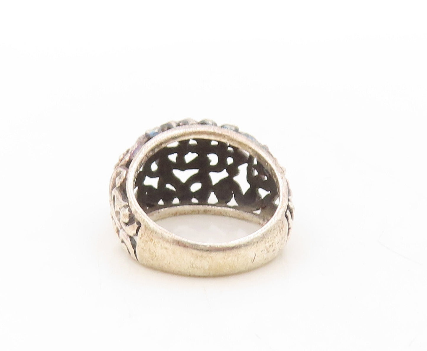 925 Sterling Silver Vintage Ring Dark Tone Swirly Floral Cutout  Sz 7.5  RG31101