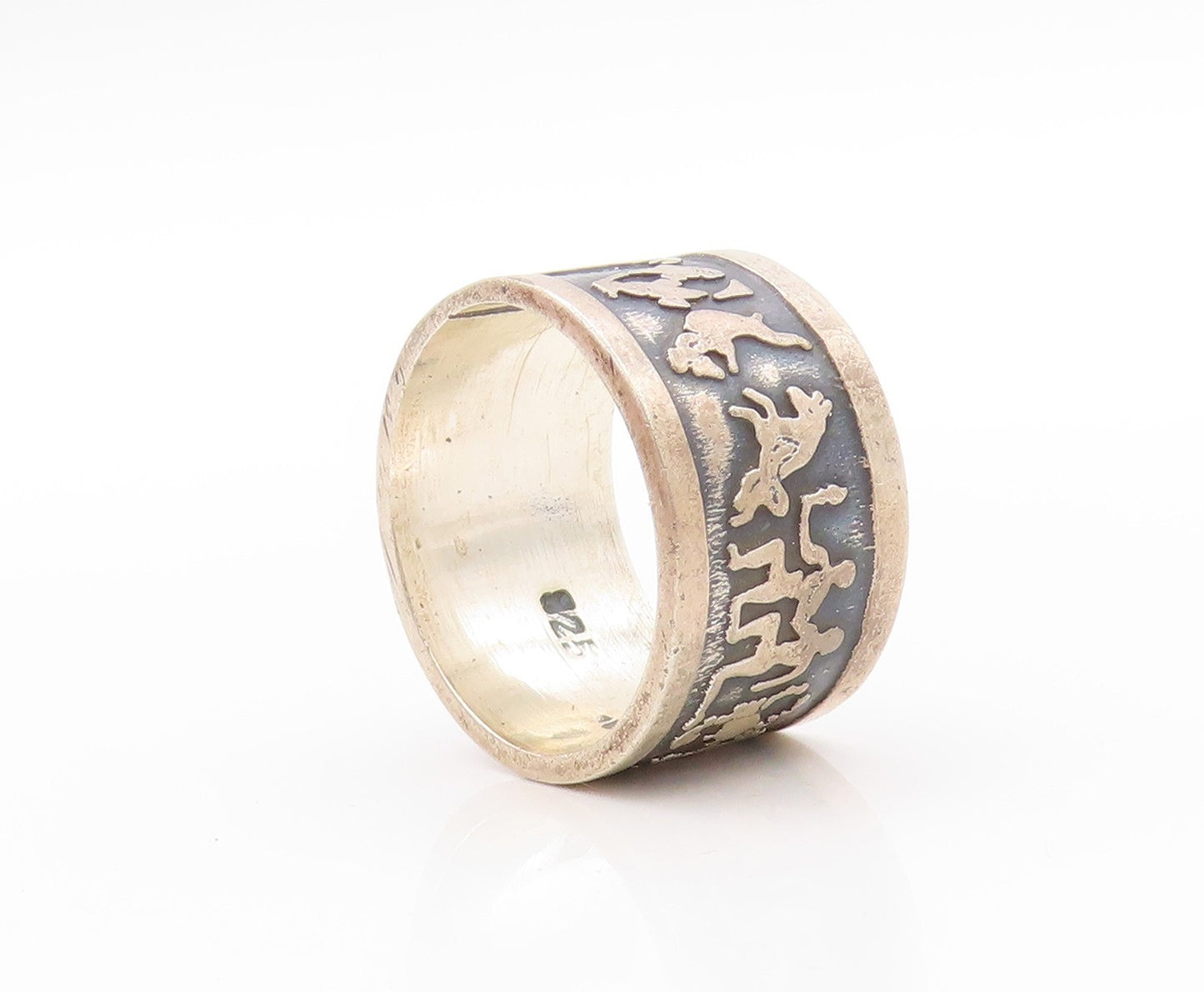925 Sterling Silver Vintage Ring MEXICO Trible Life Carved  Sz 8.5 RG32721