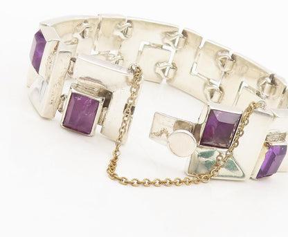 925 Sterling Silver Vintage Bracelet MEXICO Brutalist Carved Amethyst  BT10229