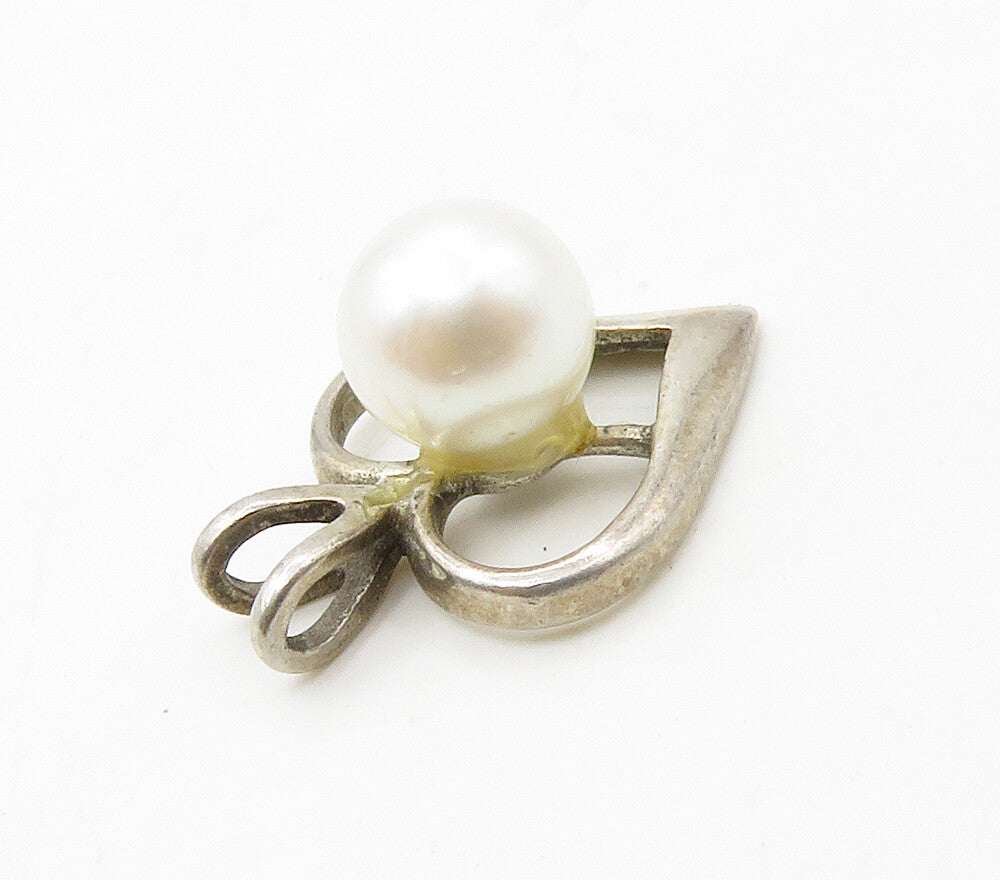 925 Sterling Silver  Vintage Freshwater Pearl Open Love Heart Pendant  PT13112