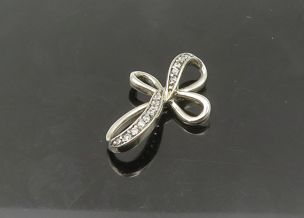 925 Sterling Silver  Vintage Topaz Religious Cross Ribbon Pendant  PT17541