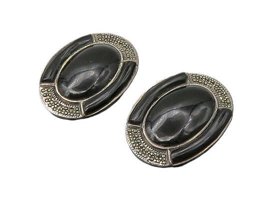 925 Silver   Vintage Black Onyx & Marcasite Non Pierce Drop Earrings  EG10988
