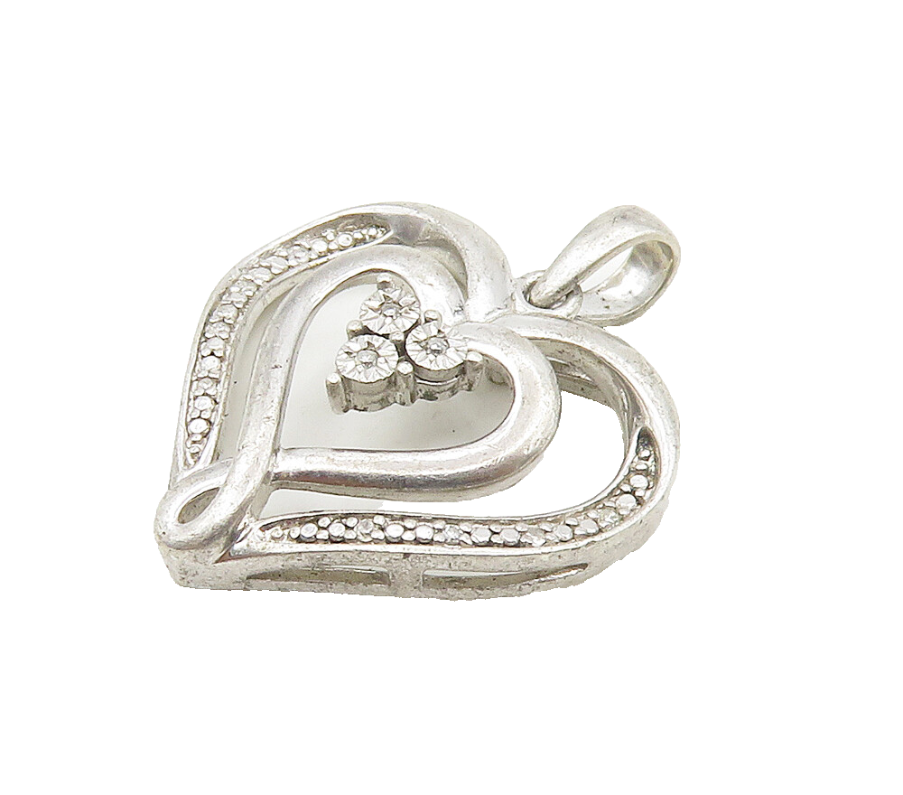 925 Sterling Silver  Vintage Genuine Diamonds Love Heart Pendant  PT12167