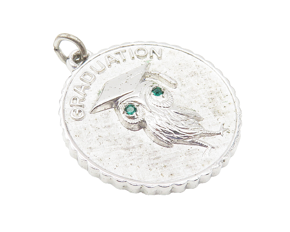 925 Sterling Silver  Vintage Green Topaz Accent Graduated Owl Pendant  PT8349
