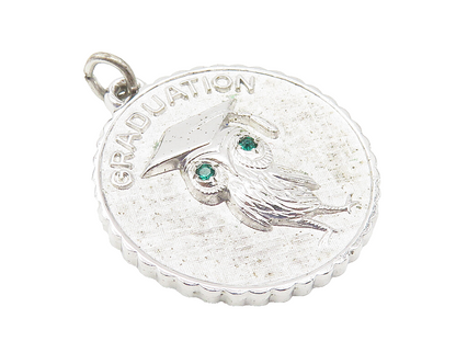 925 Sterling Silver  Vintage Green Topaz Accent Graduated Owl Pendant  PT8349