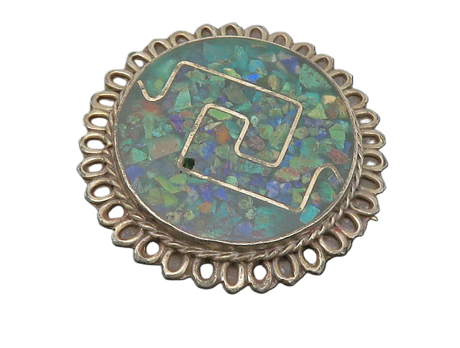 MEXICO 925 Sterling Silver  Vintage Crushed Turquoise Round Brooch Pin  BP4720