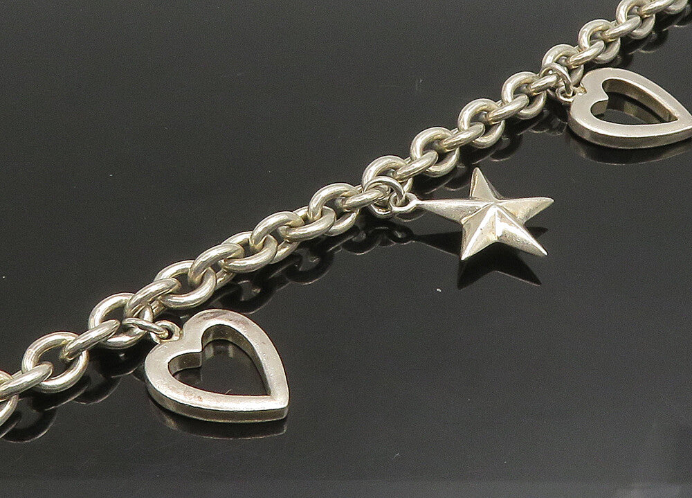 925 Sterling Silver  Vintage Shiny Love Heart & Stars Chain Bracelet  BT9070
