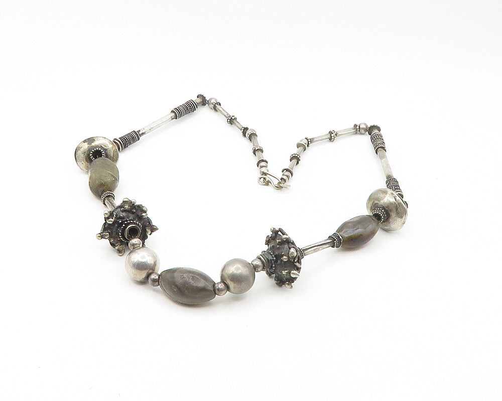 Solid Silver Vintage Antique Multi Gemstone Heavy Beaded Chain Necklace  NE2844