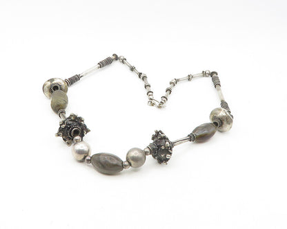 Solid Silver Vintage Antique Multi Gemstone Heavy Beaded Chain Necklace  NE2844