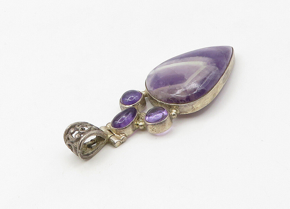 925 Sterling Silver Vintage Multi Shape Amethyst Hinge Drop Pendant PT17266