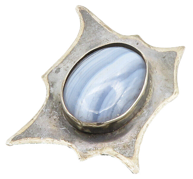 ALICE 925 Sterling Silver  Vintage Cabochon Cut Blue Agate Brooch Pin  BP5181