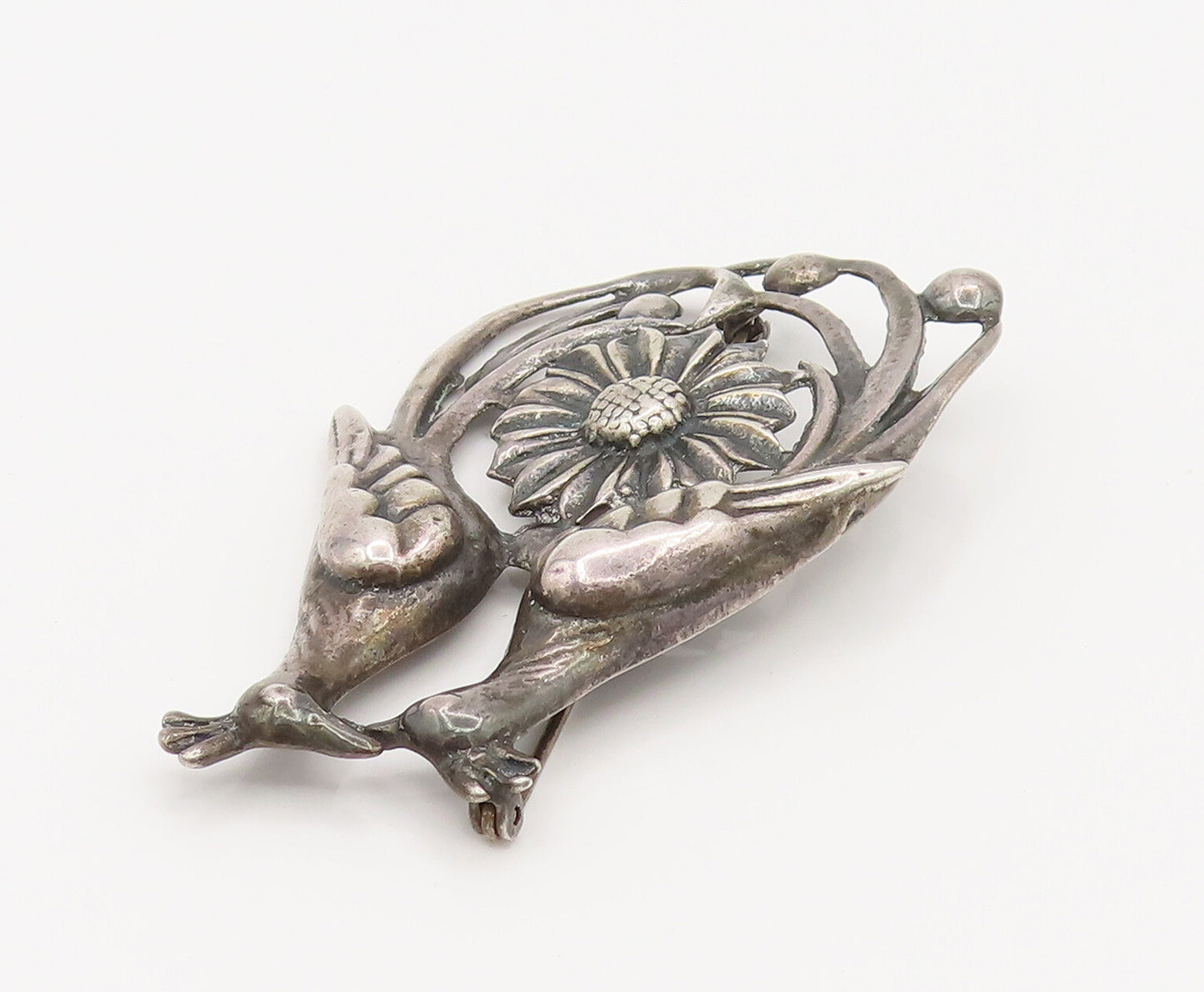 925 Silver  Vintage Antique Garden Love Birds Floral Brooch Pin  BP10163