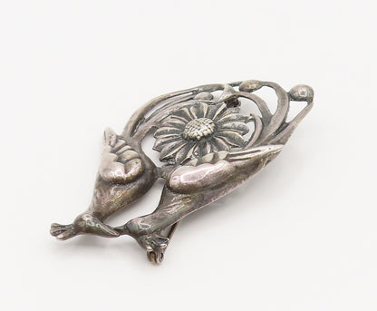925 Silver  Vintage Antique Garden Love Birds Floral Brooch Pin  BP10163