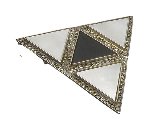925 Silver  Vintage Black Onyx Mother Of Pearl & Marcasite Brooch Pin  BP4773