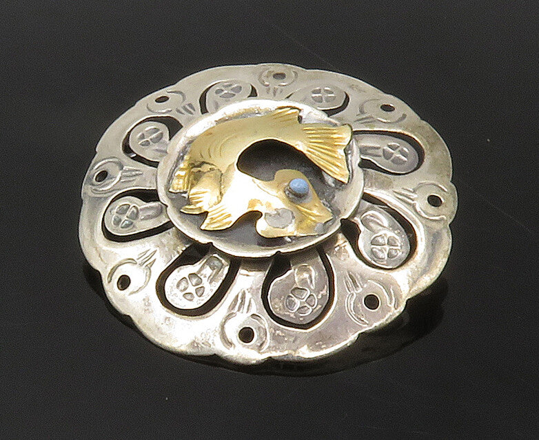 MEXICO 925 Silver & 18K GOLD  Vintage Turquoise 2 Tone Fish Brooch Pin  BP6662