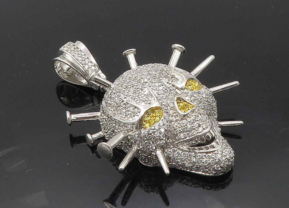 925 Sterling Silver  Sparkling Cubic Zirconia Encrusted Skull Pendant  PT7839
