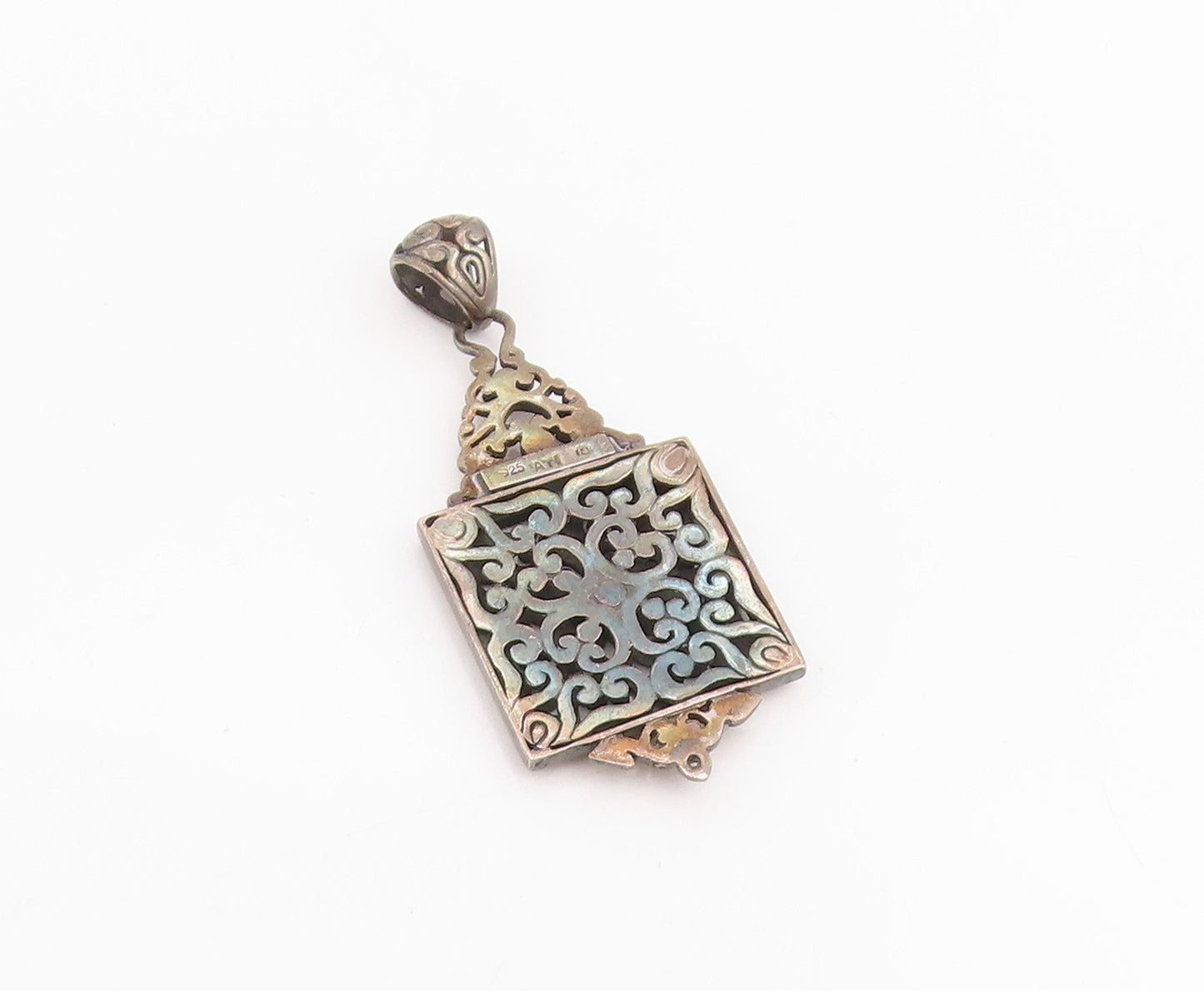 925 Sterling Silver Vintage Pendant Dark Tone Geometric Scrollwork Frame PT25188