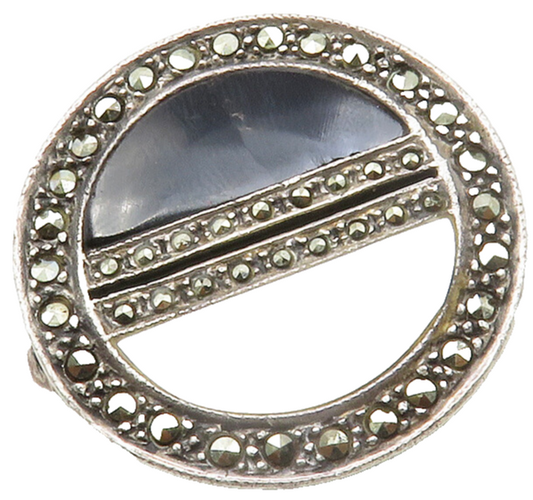 925 Silver  Vintage Mother Of Pearl Black Onyx & Marcasite Brooch Pin  BP4976