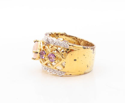 925 Sterling Silver Vintage Ring Gold Plated Gemstone Amethyst & CZ Sz 7 RG30589
