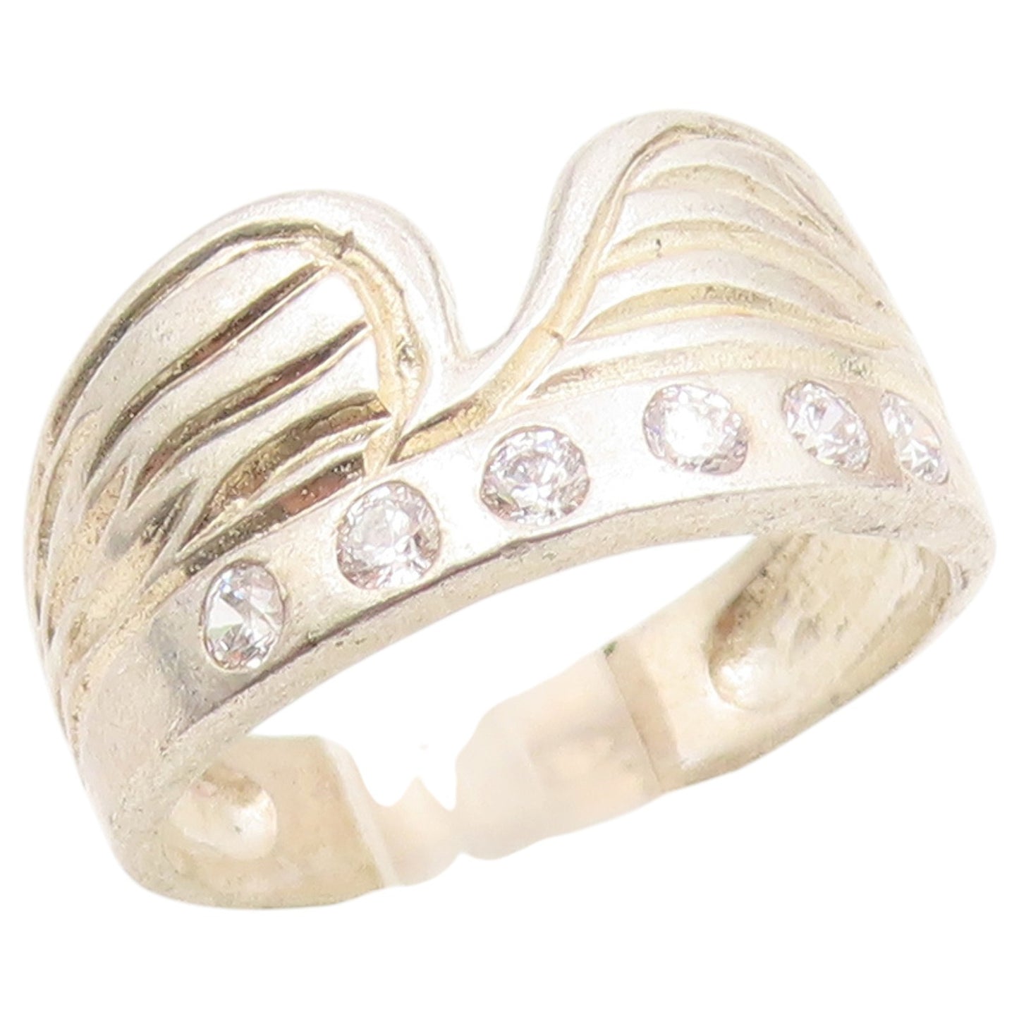 925 Sterling Silver Vintage Ring CZ Carved Celestial Wing Band  Sz 8  RG36924