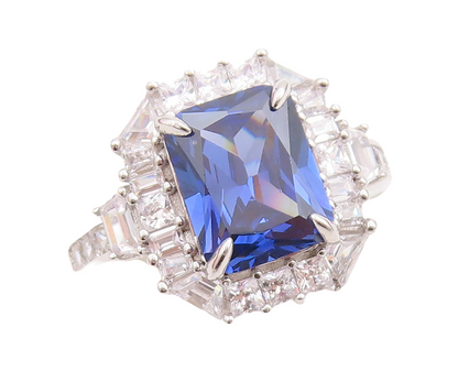925 Sterling Silver Vintage Ring Rectangle Sapphire Halo CZ  Sz 7.5  RG29041