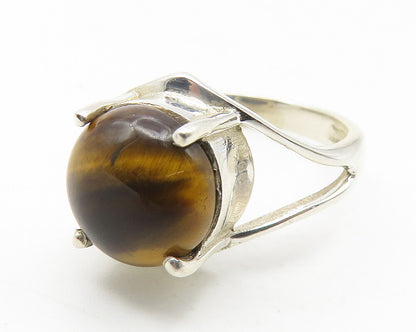 925 Sterling Silver  Cabochon Cut Tiger's Eye Shiny Band Ring Sz 6  RG11590