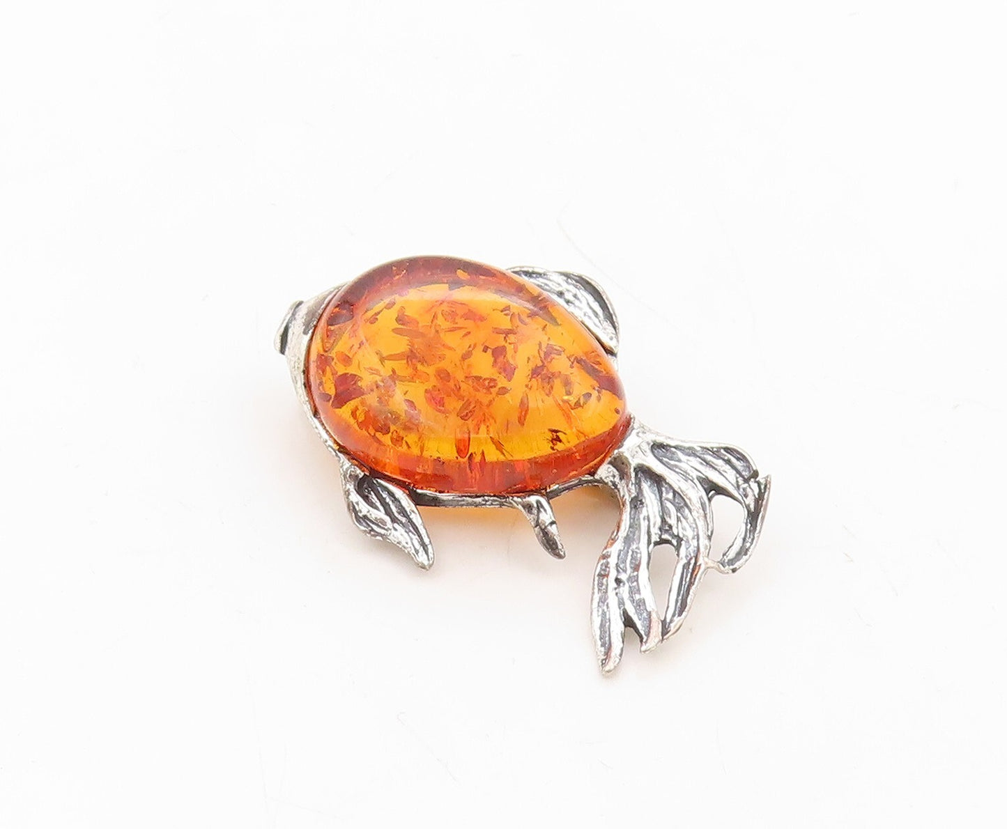 925 Sterling Silver Vintage Brooch Pin Designer Honey Amber Fish  BP11269