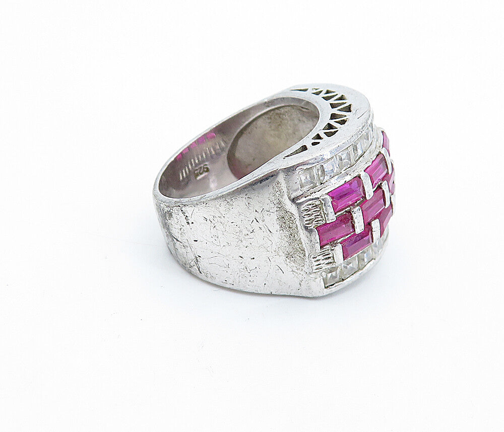 SETA 925 Silver  Pink & White Topaz Brick Layer Shiny Band Ring Sz 7  RG6665