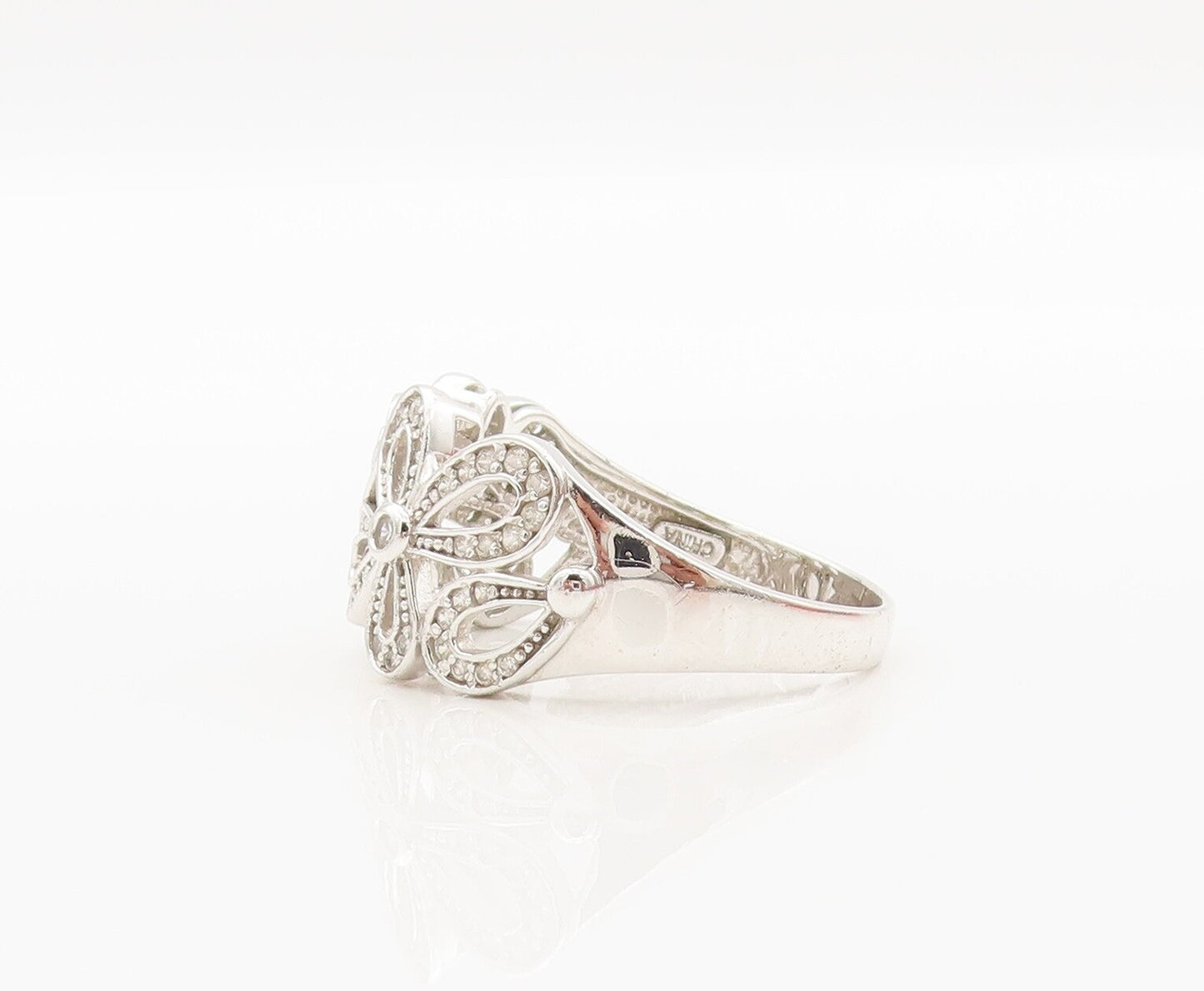 925 Sterling Silver Vintage Ring Solid Cutout CZ Beaded Flowers Sz 10.5  RG28301