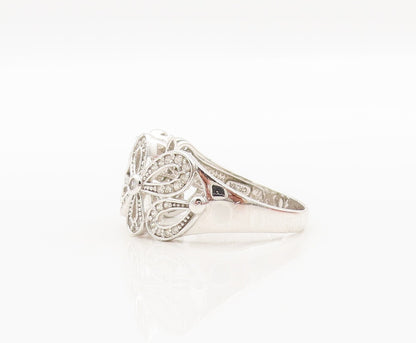 925 Sterling Silver Vintage Ring Solid Cutout CZ Beaded Flowers Sz 10.5  RG28301