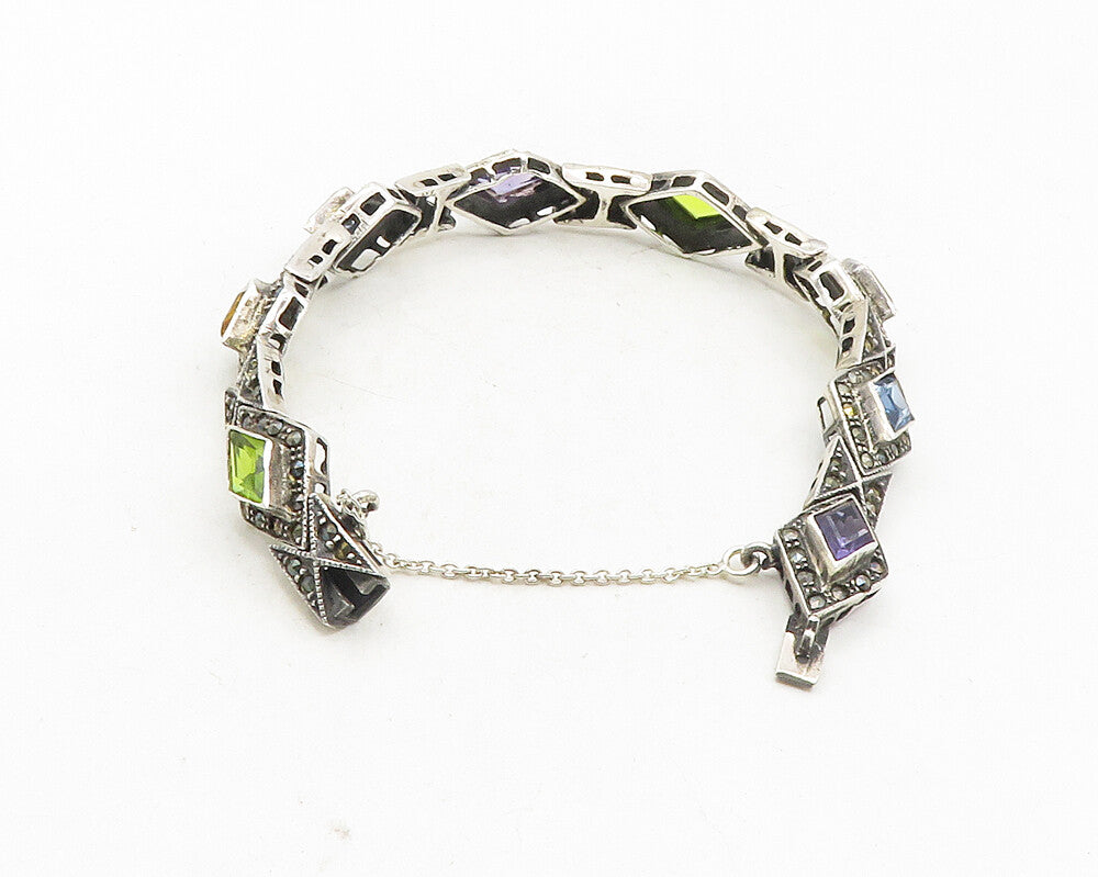 925 Sterling Silver Vintage Amethyst & Multi Stone Chain Bracelet BT4163