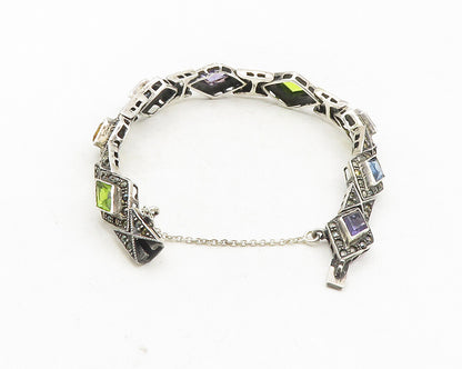 925 Sterling Silver Vintage Amethyst & Multi Stone Chain Bracelet BT4163