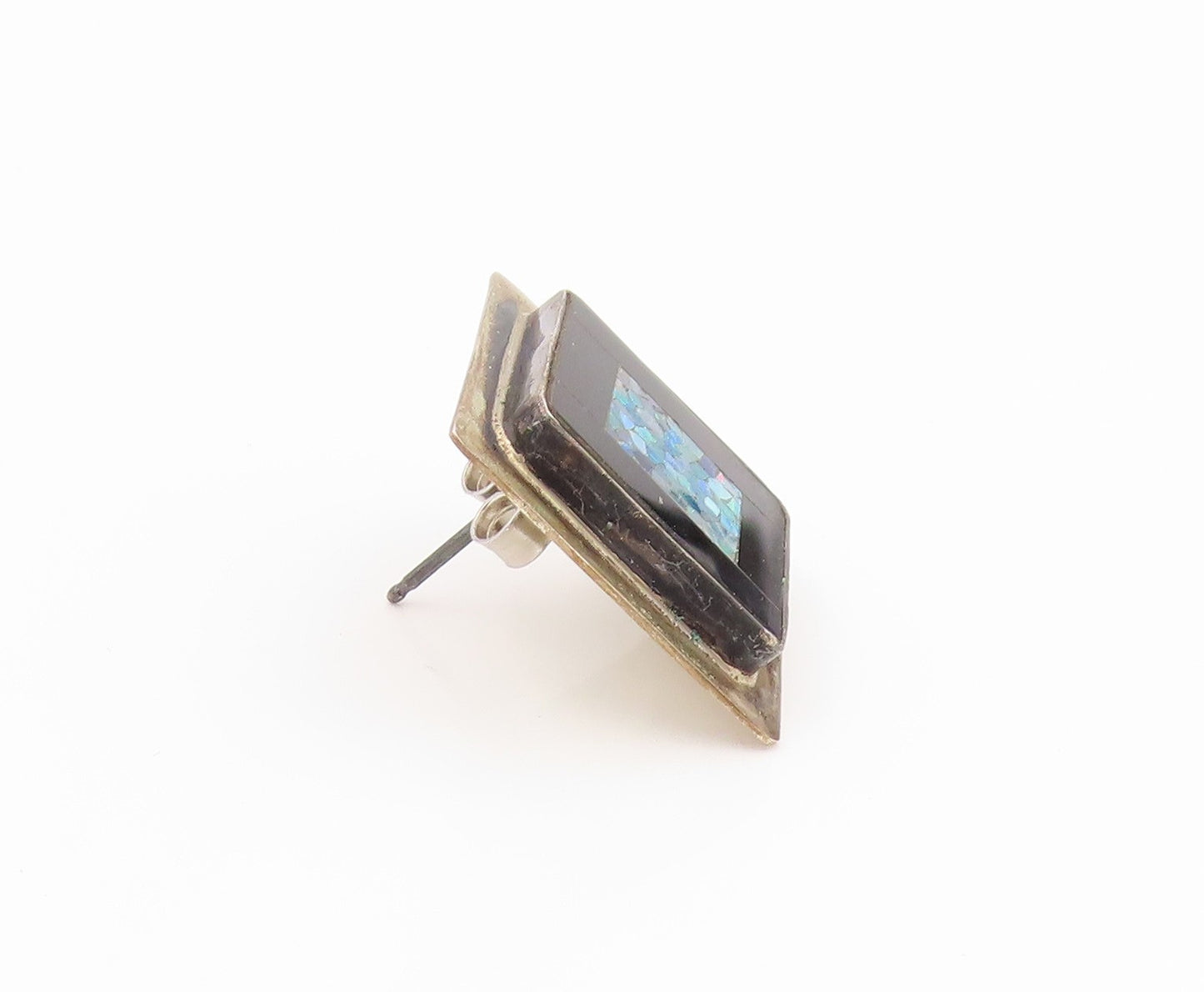 925 Sterling Silver Vintage Earrings Crushed Opal & Onyx Geometric Inlay EG14282