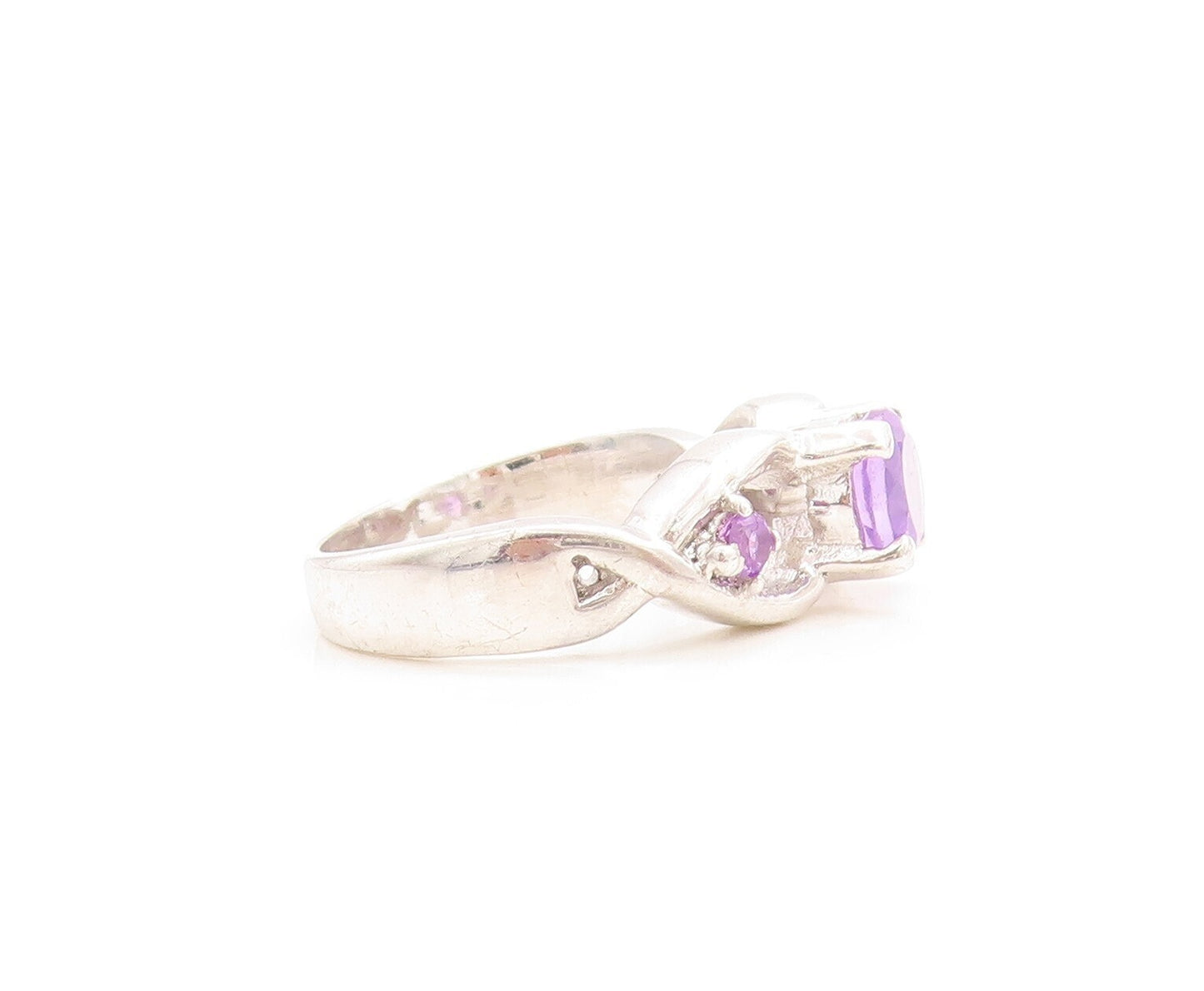 925 Sterling Silver Vintage Ring Designer Cutout Round Amethyst  Sz 7  RG31188