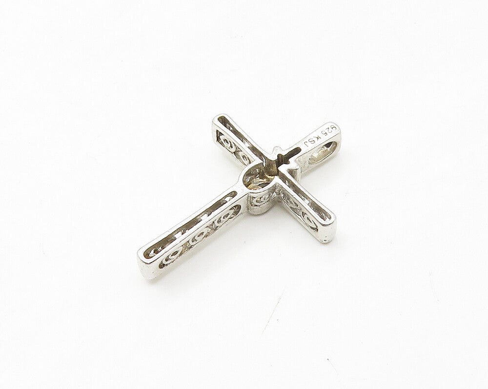 925 Sterling Silver  Shiny Genuine Diamond Religious Cross Pendant  PT14146