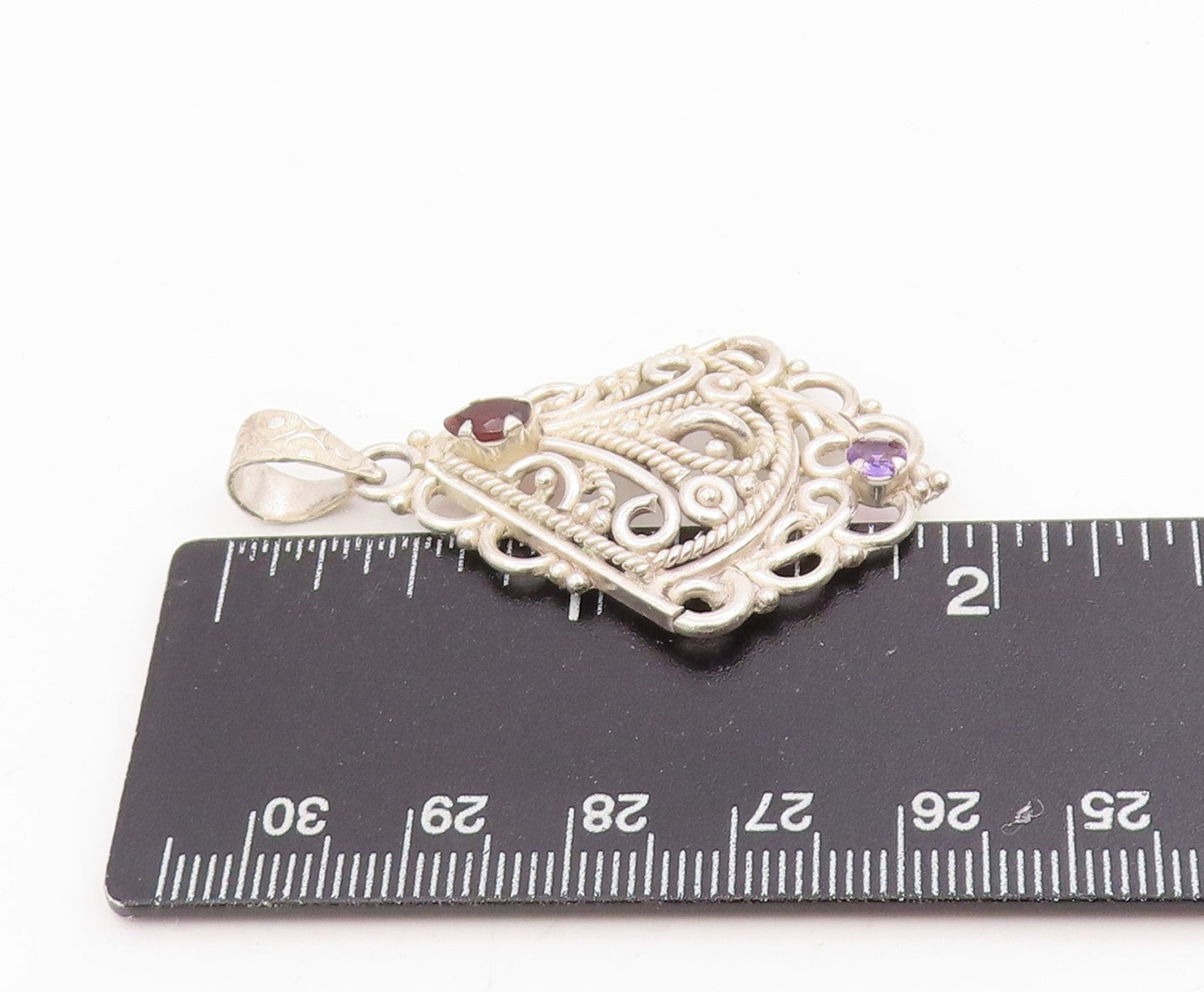 925 Sterling Silver Vintage Pendant Garnet & Amethyst Open Scrollwork  PT25793
