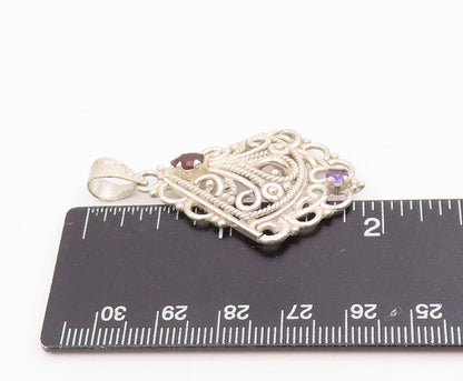 925 Sterling Silver Vintage Pendant Garnet & Amethyst Open Scrollwork  PT25793