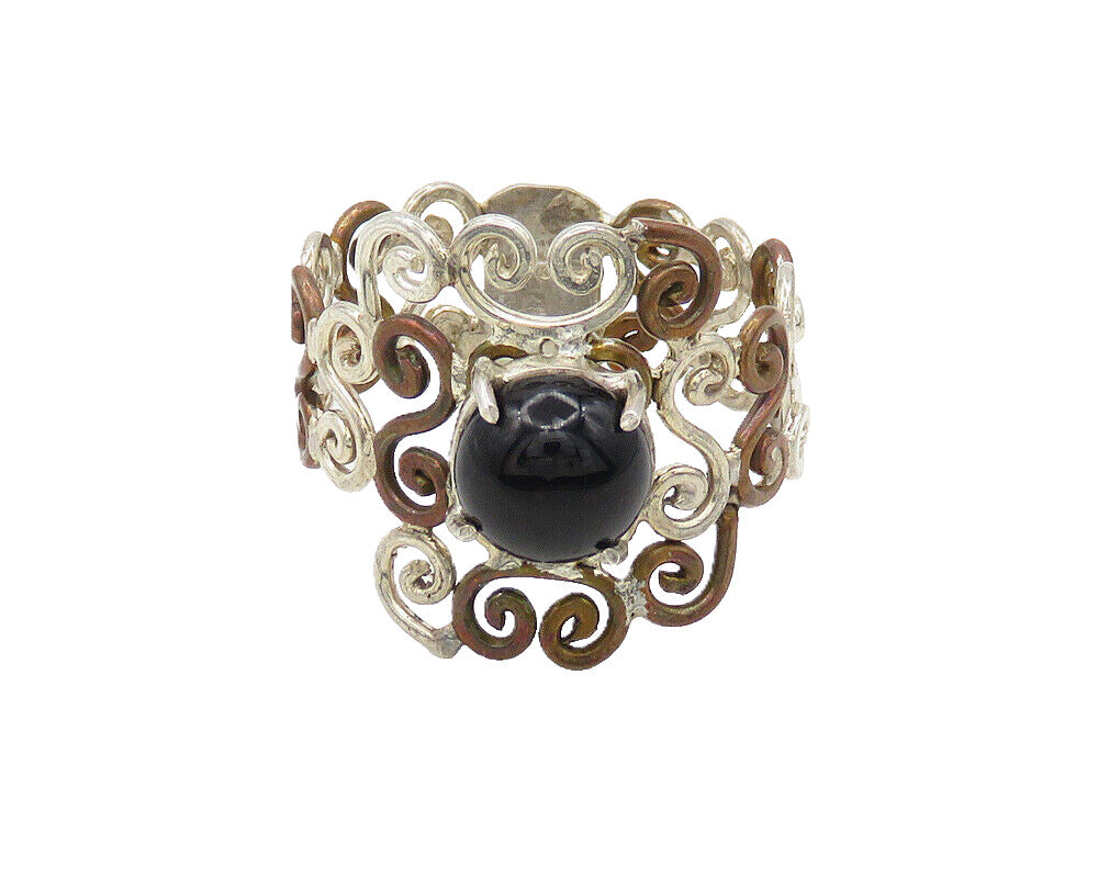 925 Sterling Silver  Vintage Cabochon Cut Black Onyx Band Ring Sz 10  RG19799