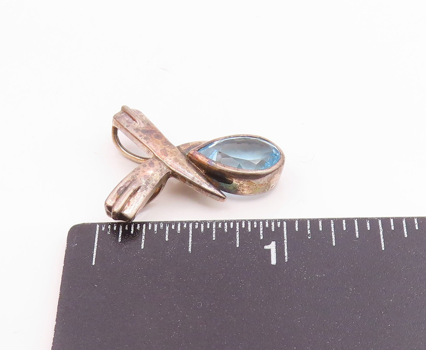925 Sterling Silver  Vintage Tear Drop Blue Topaz Crossed Pendant  PT18483