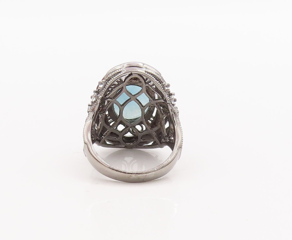 925 Sterling Silver Vintage Ring Cabochon Aqua Floral Carved Topaz Sz 7  RG29260